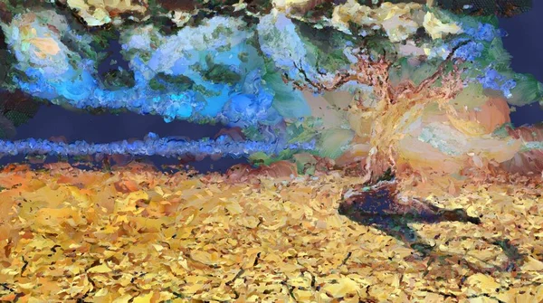Pintura Surrealista Viejo Árbol Seco Tierra Árida Sol Está Saliendo —  Fotos de Stock