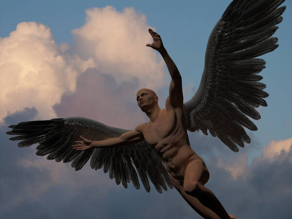 Голый человек с белыми крыльями в облачном небе символизирует ангела.