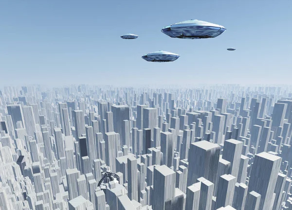 Flying saucers over futuristic megapolis. Sunrise