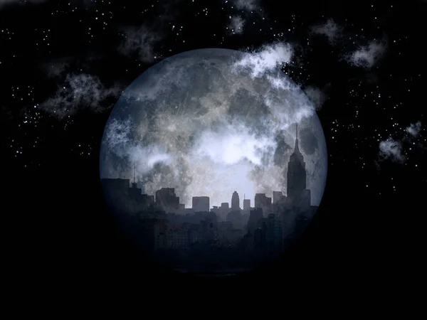 Rendering Full Moon Night City — Stock Photo, Image