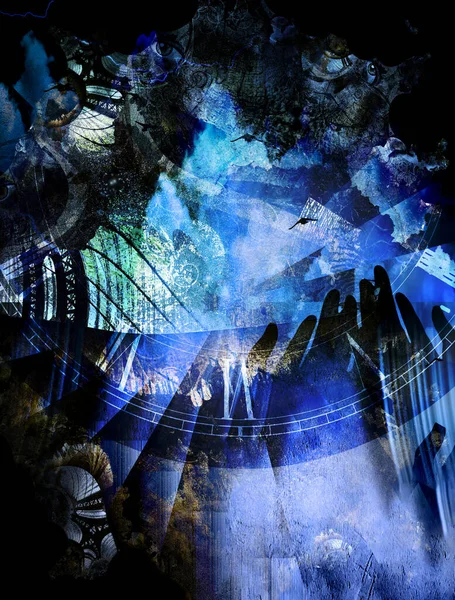 Grunge Dark Textured Manhattan Bridge Abstrakt Twarz Zegara Oczy Renderowanie — Zdjęcie stockowe