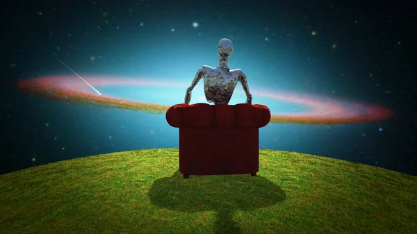 Composition Surréaliste Alien Rouillé Assis Dans Fauteuil Rouge Observateur Univers — Photo