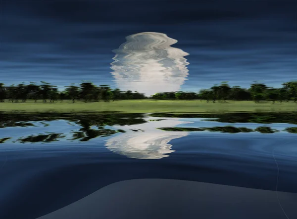Surrealismo Salida Luna Sobre Lago Árboles Verdes Horizonte —  Fotos de Stock