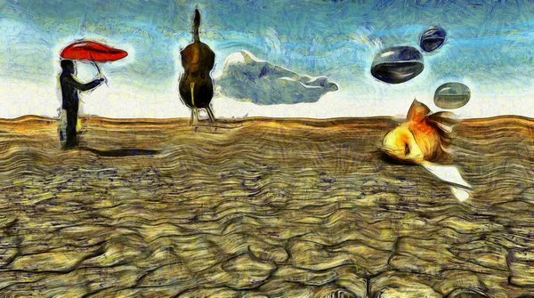 Сюрреалістичний Живопис Чоловік Червоною Парасолькою Стоїть Пустелі Прямий Бас Золота — стокове фото