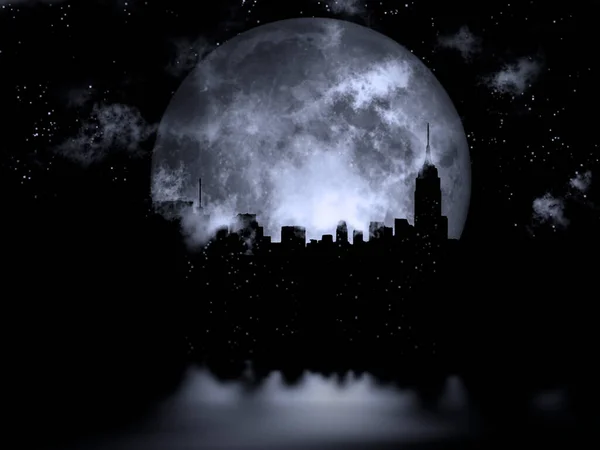 Rendering Full Moon Night City — Stock Photo, Image