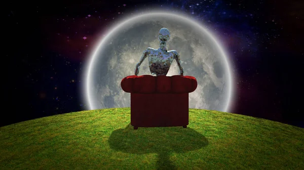 Сюрреалистичная Композиция Ржавый Инопланетянин Сидит Красном Кресле Наблюдает Яркую Луну — стоковое фото