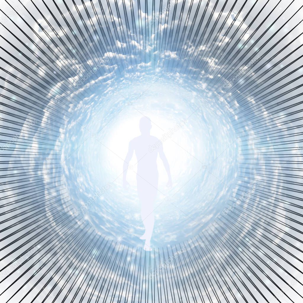 Tunnel of Light with figure. Soul. 3D rendering