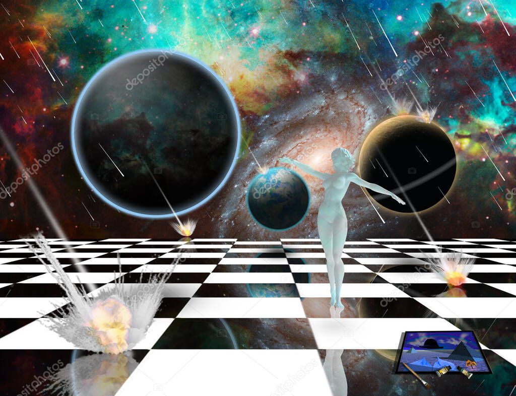 Surreal composition. Armageddon. Asteroids destroy planets. Woman's statue from white pure marble. Chessboard in the Universe. Easel brushes and paints. 3D rendering