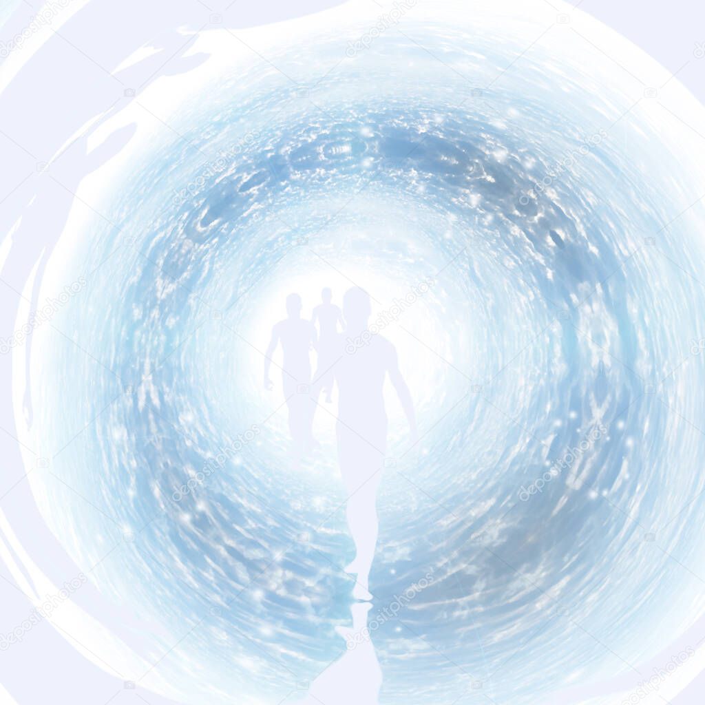 Tunnel of Light with figure. Soul. 3D rendering