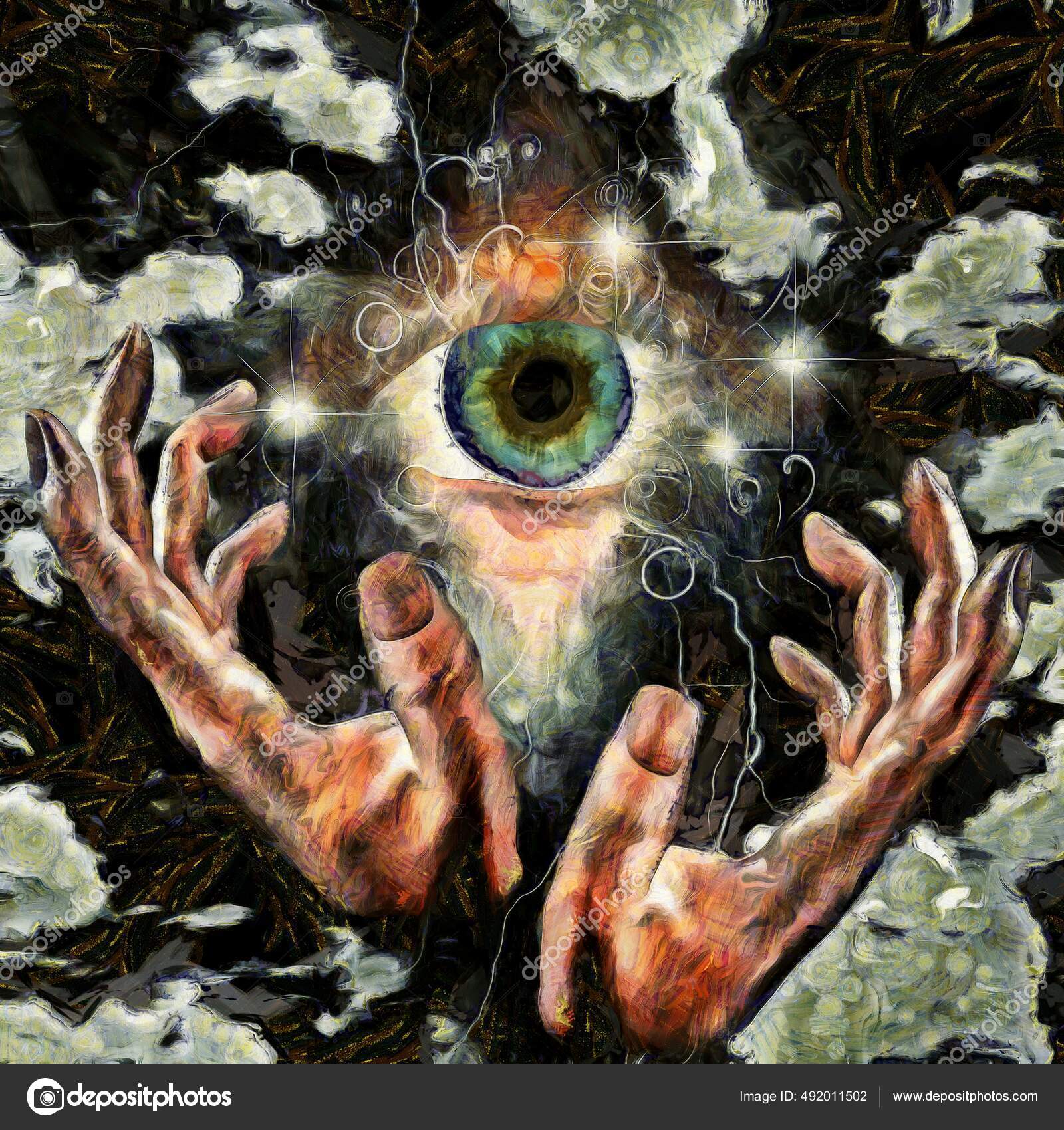 Surreale Malerei Hände Beten Zum Auge Gottes Stockillustration von  ©rolffimages #492011502, image size:1600x1700