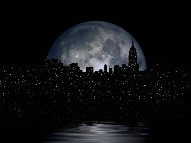 NYC Cityscape reflects in the moon. 3D Rendering. Some elements provided courtesy of NASA. clipart
