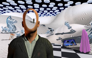 Satranç figürleriyle gerçeküstü çöl. Takım elbiseli meçhul adam. Uzakta duran bir insan figürü. Resim, fırça ve boya. Başörtüsü ile şekillen.