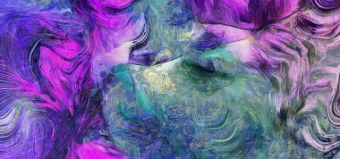 Çoğunlukla mavi ve mor renkli soyut tablolar..