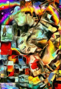 Karmaşık sürreal resim. Zamanın ve insan figürünün müritleri. Soyut katmanlar.