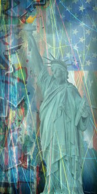 Modern sanat. Özgürlük Heykeli. Arkaplanda ABD bayrağı.