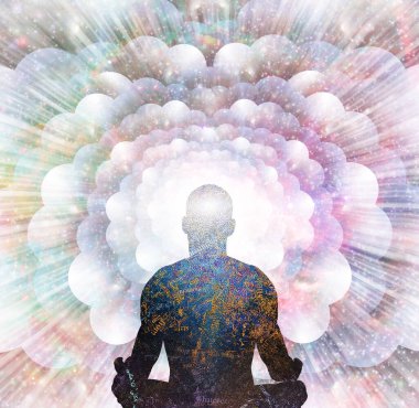 Lotus pozisyonundaki adam sonsuz boşlukların önünde oturur..