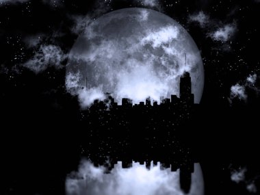 3D rendering. Full moon over night city. clipart