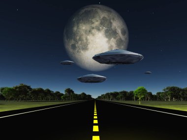 Dolunay dünyadan görünüyor. Otoyolda uçan daireler.