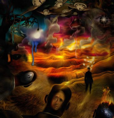 Gerçeküstü resim. Erkeklerin kafaları farklı düşüncelerle dolu. Kafasında ampuller olan bir iş adamı sahada duruyor. Ağaç dalında ampul. Kanatlı saat zamanın akışını temsil eder..