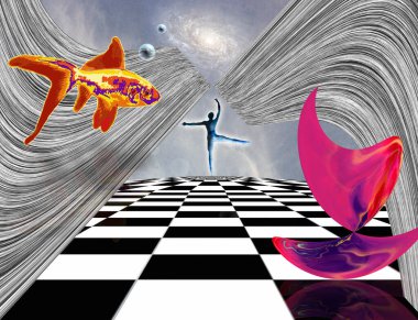 Gerçeküstü kompozisyon. Satranç tahtasında pembe madde, dansçı ve altın balık