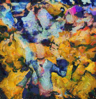 Gerçeküstü resim. Takım elbiseli meçhul adam elinde maske tutuyor. Soyut arkaplan.