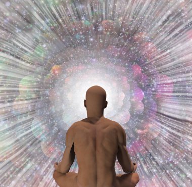 Lotus pozisyonundaki adam sonsuz boşlukların önünde oturur..