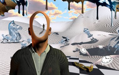 Satranç figürleri ve trompeti olan gerçek üstü bir çöl. Takım elbiseli meçhul adam. Uzakta duran bir insan figürü. Kanatlı saatler zamanın akışını temsil eder. Başka bir boyut aşağı akıyor.