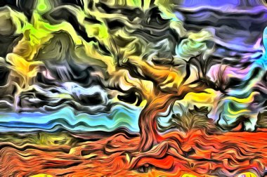 Soyut resim. Yaşlı ağaç kayalık zeminde duruyor.