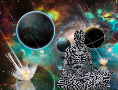 Planetary Armageddon. Massive meteorite - asteroid shower destroy planets. Man with maze pattern sits in lotus pose. 3D rendering