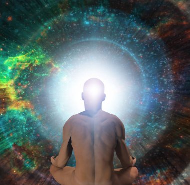 Lotus pozisyonundaki adam sonsuz boşlukların önünde oturur..