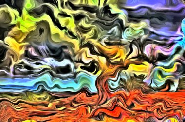 Soyut resim. Yaşlı ağaç kayalık zeminde duruyor.