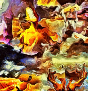 Karmaşık sürreal resim. Yüzü, insan elleri, yatağı ve kum saati yerine açık kapısı olan çıplak bir adam gökyüzünde. Kafasında ampuller olan bir adam tarlada duruyor..