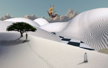 Pelerinli şekilli gerçek üstü beyaz bir çöl. Uzakta bir adam var. Gökyüzündeki kadim gemi.