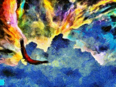 Gerçeküstü resim. Kartal canlı bulutlarda uçar.