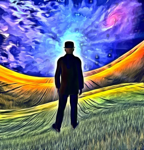 Surreal Painting Man Suit Stands Field — Stock Photo, Image