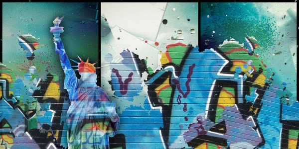 Modernismus Socha Svobody Národních Barvách Graffiti — Stock fotografie