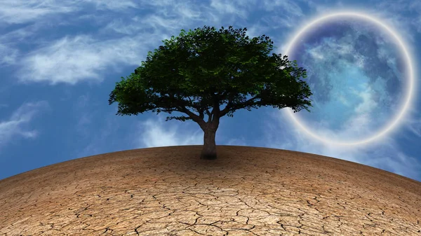 超现实主义 干旱土地上的绿树 蓝天满月 — 图库照片