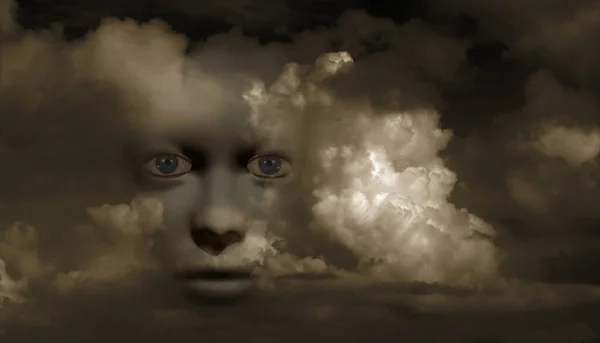 Twarz Mistycznej Kobiety Chmurach Renderowanie — Zdjęcie stockowe