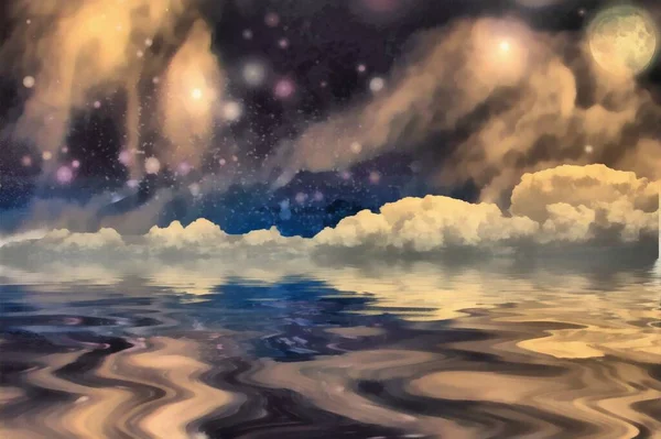 超现实主义 星星和云彩在水中反射 — 图库照片