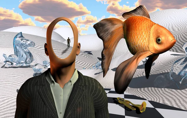 Surrealistyczna Pustynia Figurami Szachowymi Trąbką Człowiek Bez Twarzy Garniturze Postać — Zdjęcie stockowe
