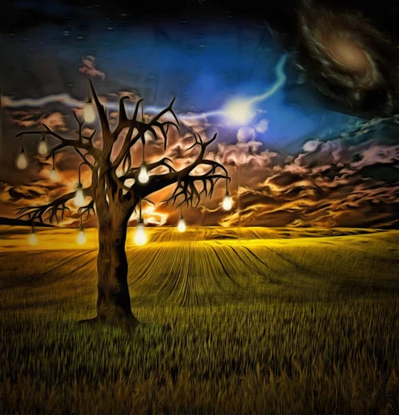 Arte Digitale Surreale Vecchio Albero Con Lampadine Trova Campo Verde — Foto Stock