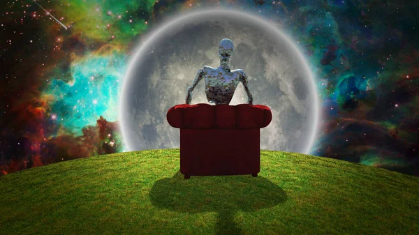 Surreal Scene Green Planet Alien Robot Sits Red Armchair Observes — Stock Photo, Image