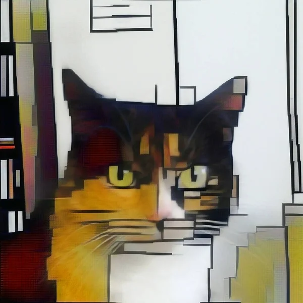 现代艺术 猫与严重的外观 蒙德里安风格的模式 — 图库照片