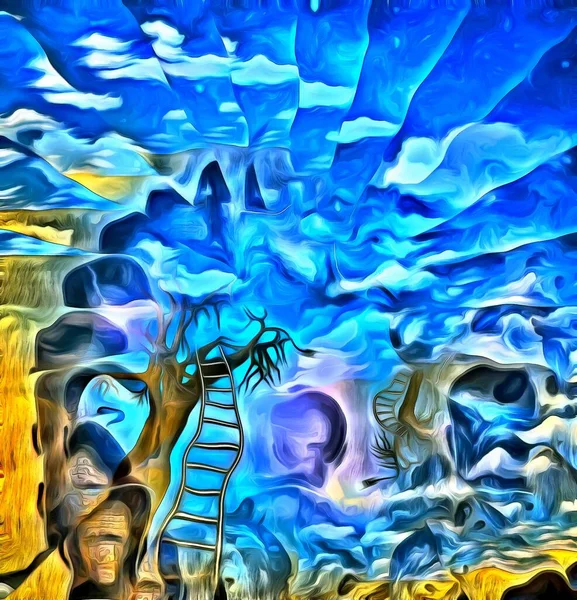 Een Surrealistisch Schilderij Ladder Leidt Naar Boomtak Mannenhoofden — Stockfoto