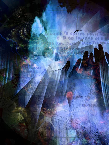 Surrealistyczna Kompozycja Ludzka Czaszka Starożytny Scenariusz Modląca Się Sylwetka Dłoni — Zdjęcie stockowe