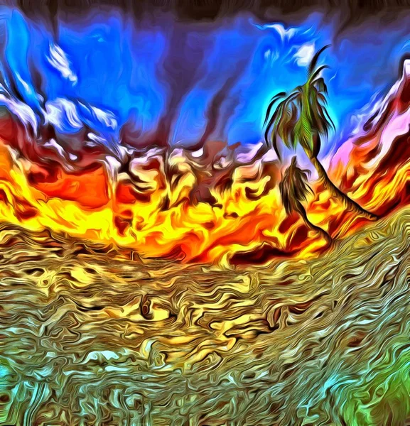 Pintura Digital Abstracta Vista Desde Agua Sobre Una Palmera —  Fotos de Stock