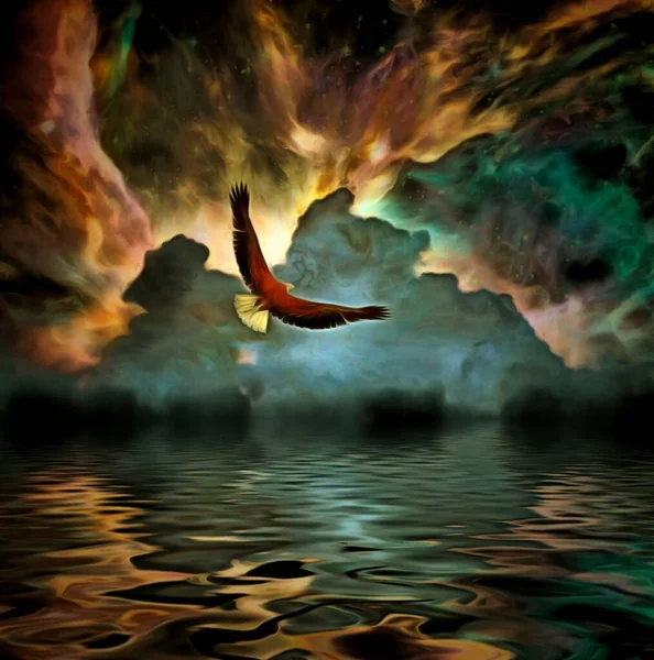 Сюрреалистичная Картина Орёл Летает Над Поверхностью Воды — стоковое фото