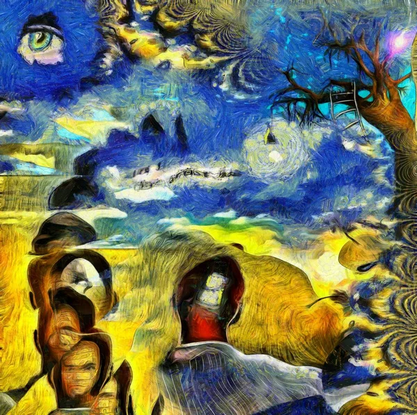 Surreal Oil Painting Men Heads Different Thoughts Old Tree Light — Stock Photo, Image