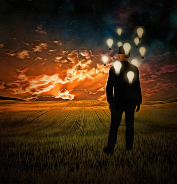 Surreal painting. Man in suit stands in field. Light bulbs around his head symbolizes ideas.