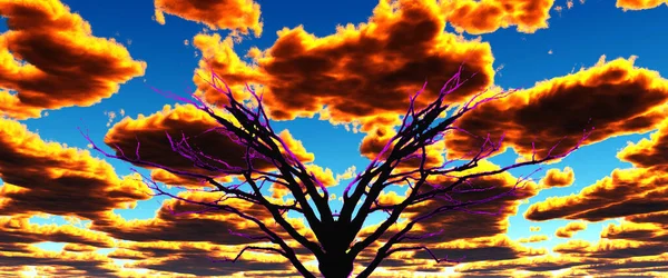 Mistyczne Drzewo Życia Żywe Chmury Surrealistyczne — Zdjęcie stockowe